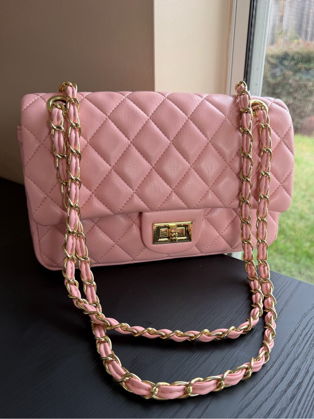 Quilted Pink Chain Shoulder Bag with Gold Hardware